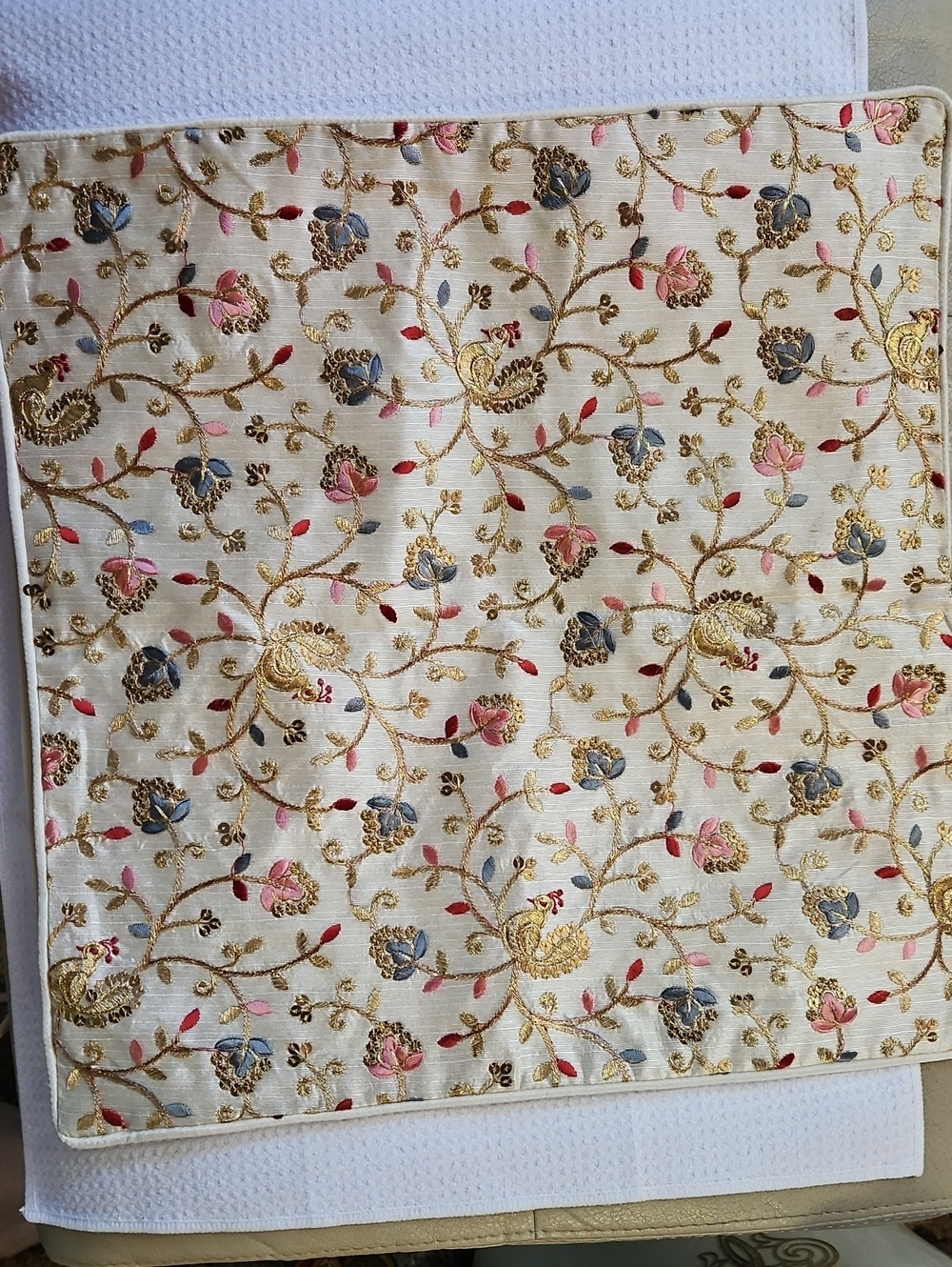 April Cornell Embroidered Floral Bird Square Cushion Cover Gold/Pink/Blue/Red